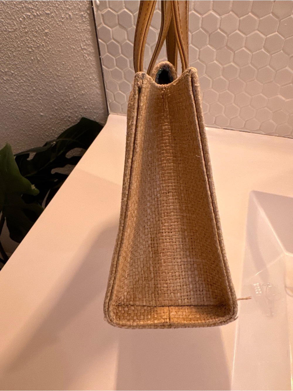 Kate Spade Natural Raffia Tote with Tan Leather Handles Colorful Interior - Picture 8 of 10